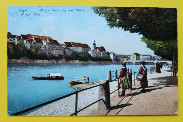 Ansichtskarte Basel / Oberer Rheinweg mit Fähre / 1910 / Fähranleger – Ortsansicht